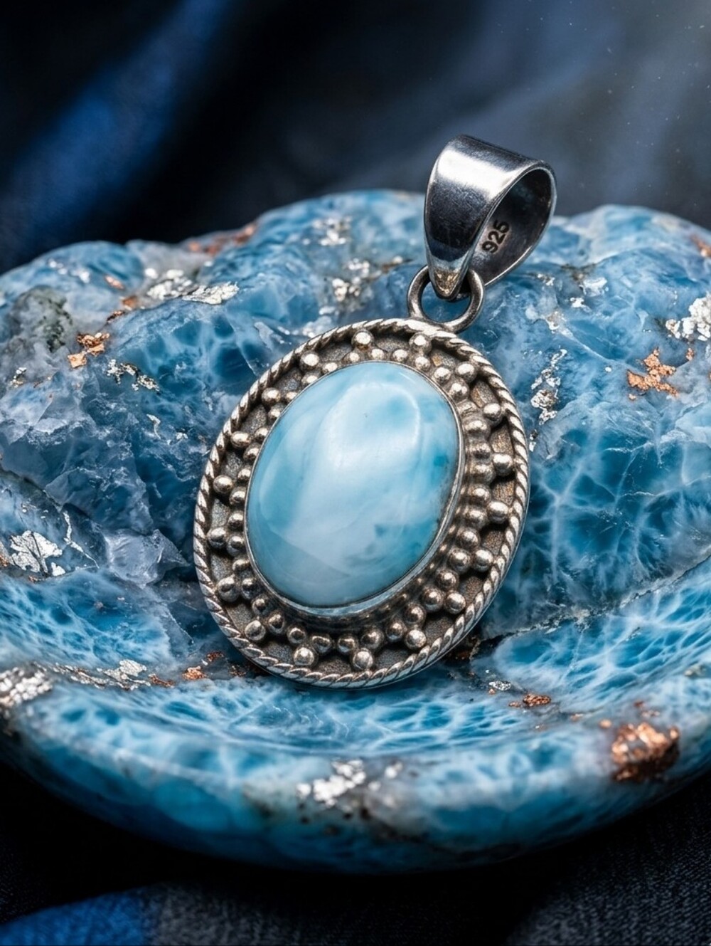Larimar & Sterling Silver Oval Pendant, Vintagr-Inspired